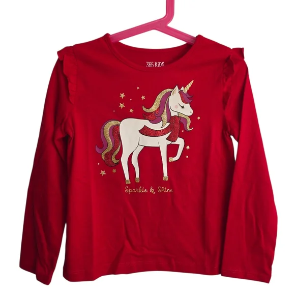 365 Kids Holiday Unicorn Long Sleeve Top and Black Ribbed Flared Leggings Set - Picture 4 of 7